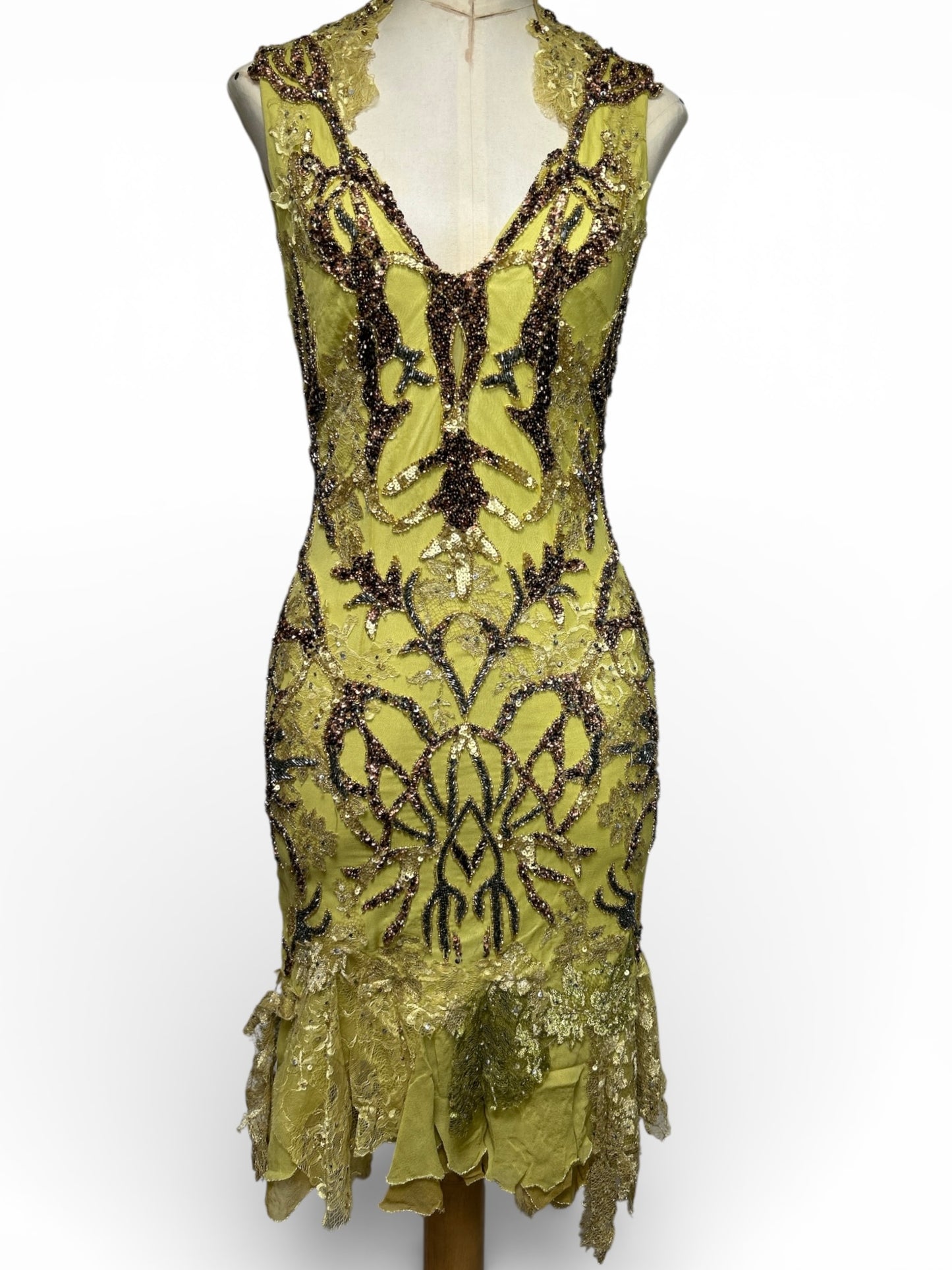 Deadstock Mandalay Heavily Beaded Chartreuse Silk Dress — Size 6. —-AS-IS——
