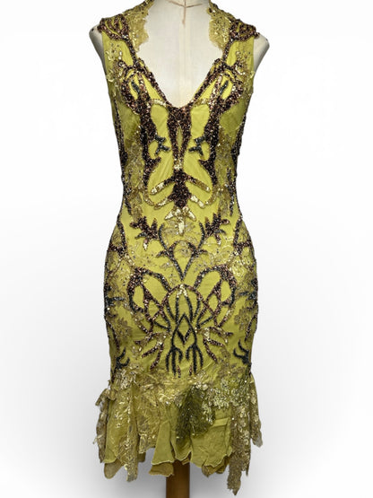 Deadstock Mandalay Heavily Beaded Chartreuse Silk Dress — Size 6. —-AS-IS——