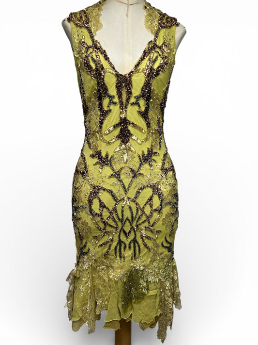 Deadstock Mandalay Heavily Beaded Chartreuse Silk Dress — Size 6. —-AS-IS——