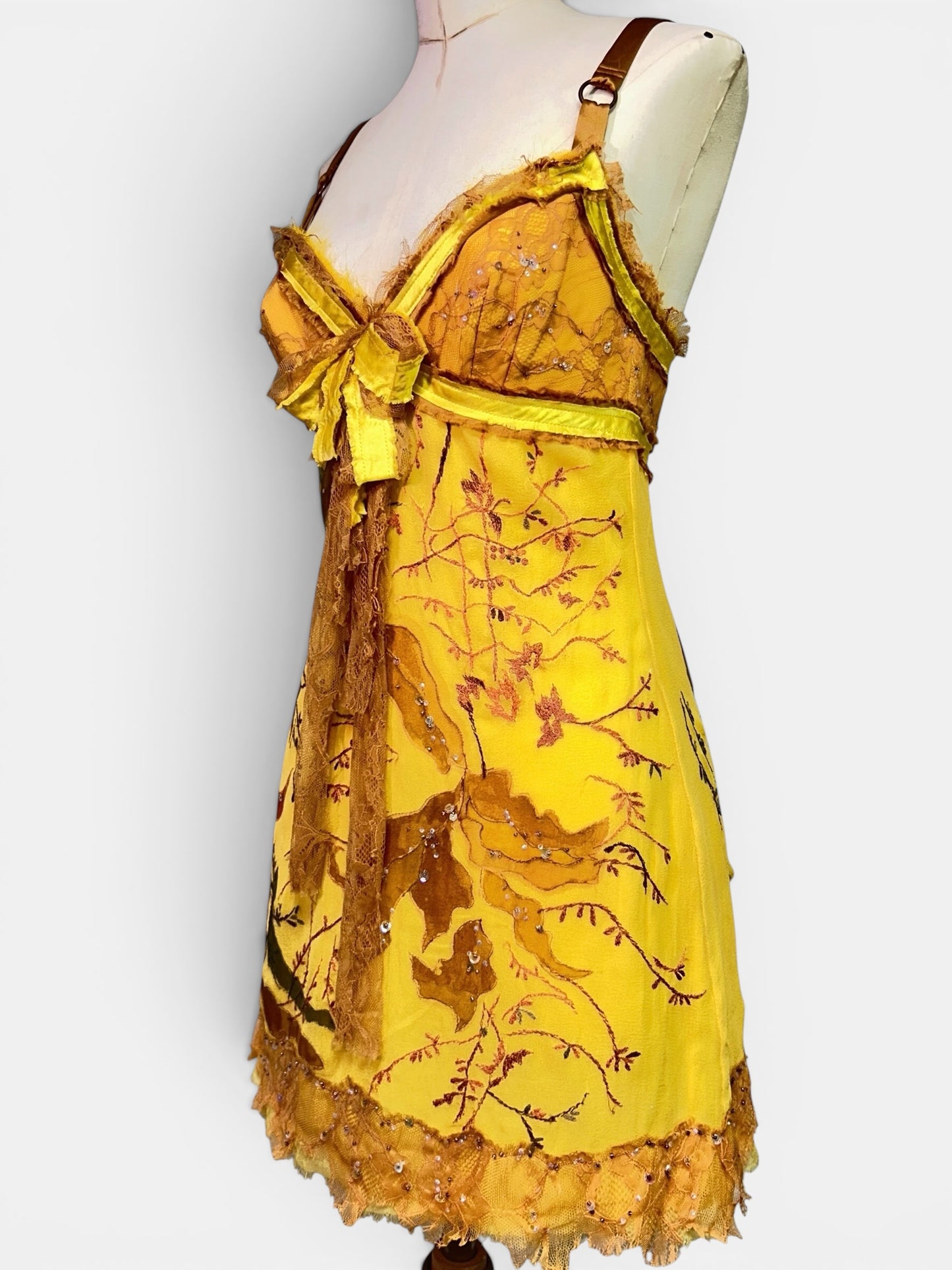 Mandalay One-of-a-Kind Silk Chiffon Beaded Fairy Babydoll Dress | Golden Chartreuse Appliqué | Size 6