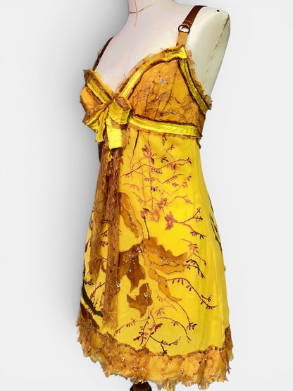 Mandalay One-of-a-Kind Silk Chiffon Beaded Fairy Babydoll Dress | Golden Chartreuse Appliqué | Size 6