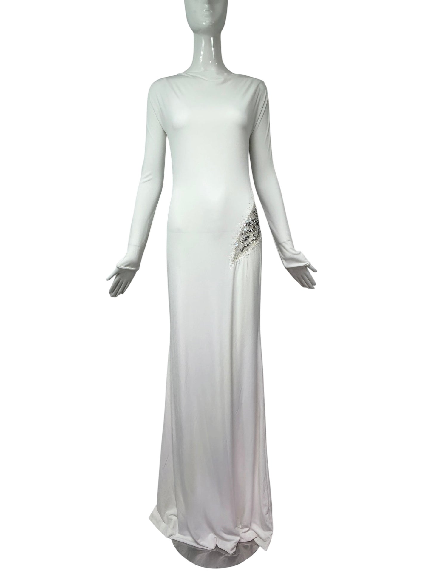 Mandalay Deadstock White Backless Stretch Jersey Gown | Y2K Maxi Dress | Wedding or Bridal Reception Dress size 10 and 8