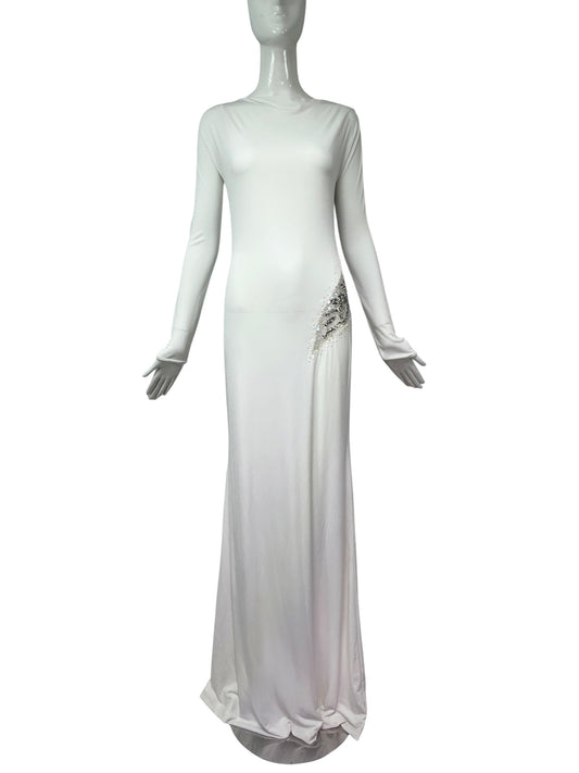 Mandalay Deadstock White Backless Stretch Jersey Gown | Y2K Maxi Dress | Wedding or Bridal Reception Dress size 10 and 8