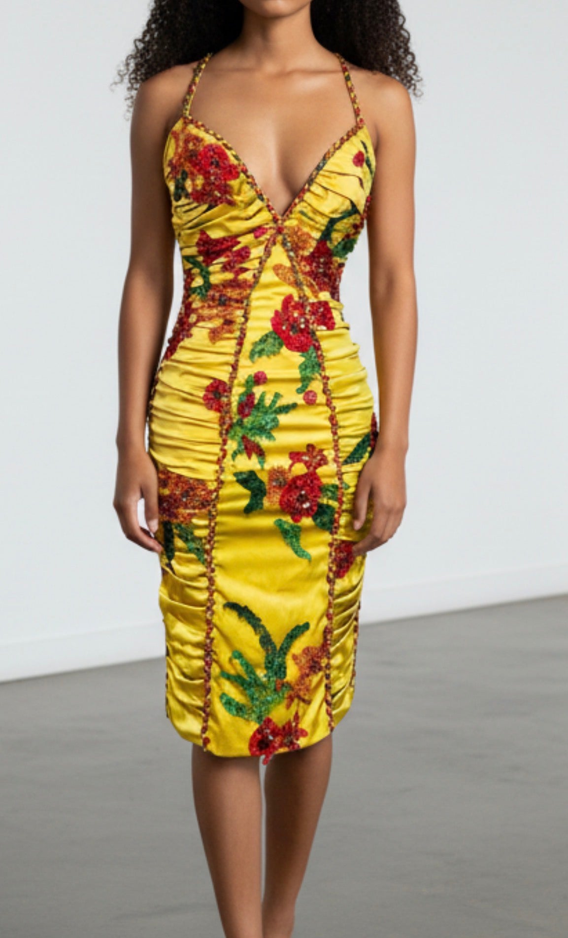 Mandalay Deadstock Beaded Ruched Stretch Satin Dress | Tropical Floral Embellished Wiggle Dress | Size 6