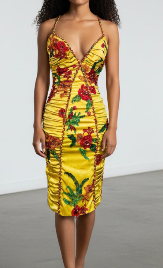 Mandalay Deadstock Beaded Ruched Stretch Satin Dress | Tropical Floral Embellished Wiggle Dress | Size 6