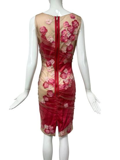 Mandalay Illusion Floral Appliqué Dress – Deadstock Y2K Mesh Cocktail Dress | Size 6. AS-IS