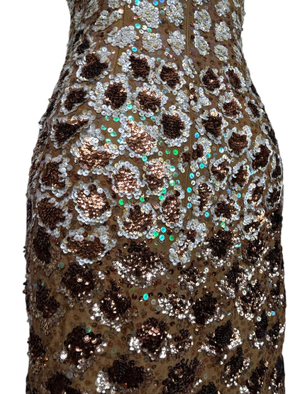 Deadstock Mandalay Bronze Sequin Silk Chiffon Dress — Size 6 — Embellished Vintage Mandalay