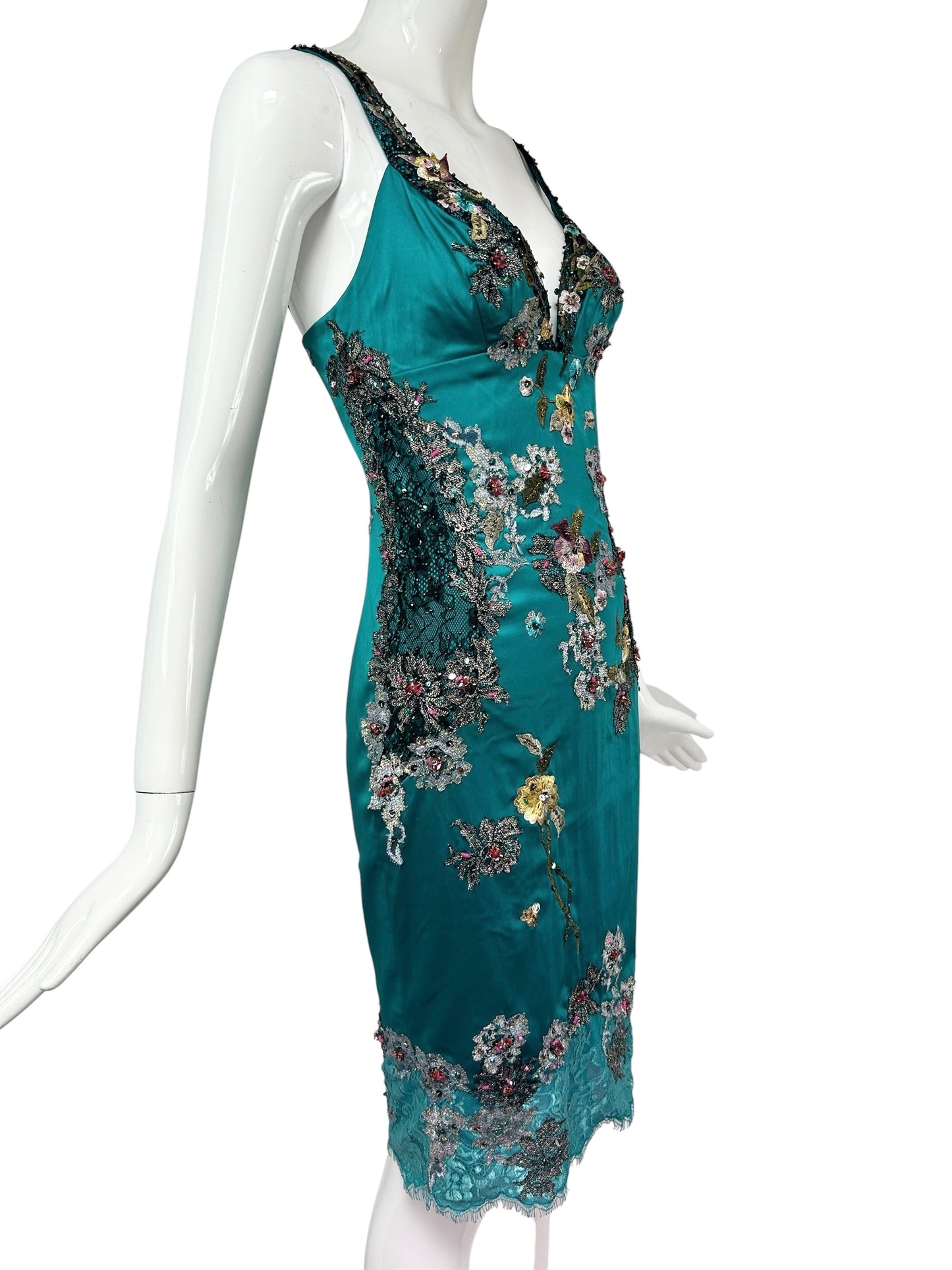 Mandalay Peacock Stretch Satin Beaded Cocktail Dress – Deadstock Y2K Embroidered Dress | Size 6