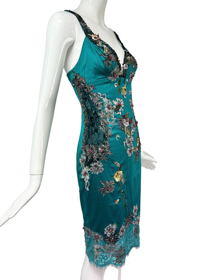 Mandalay Peacock Stretch Satin Beaded Cocktail Dress – Deadstock Y2K Embroidered Dress | Size 6