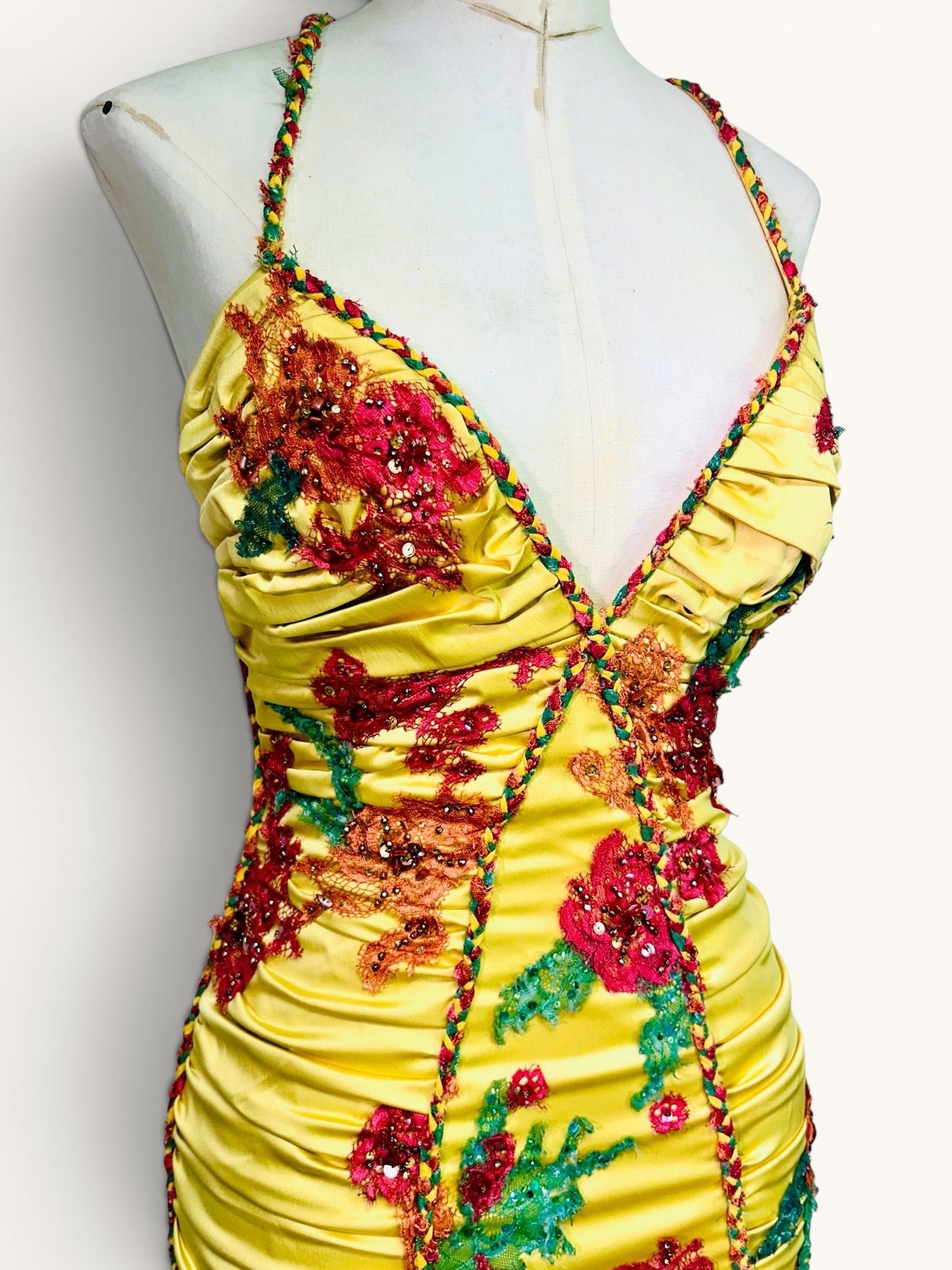 Mandalay Deadstock Beaded Ruched Stretch Satin Dress | Tropical Floral Embellished Wiggle Dress | Size 6