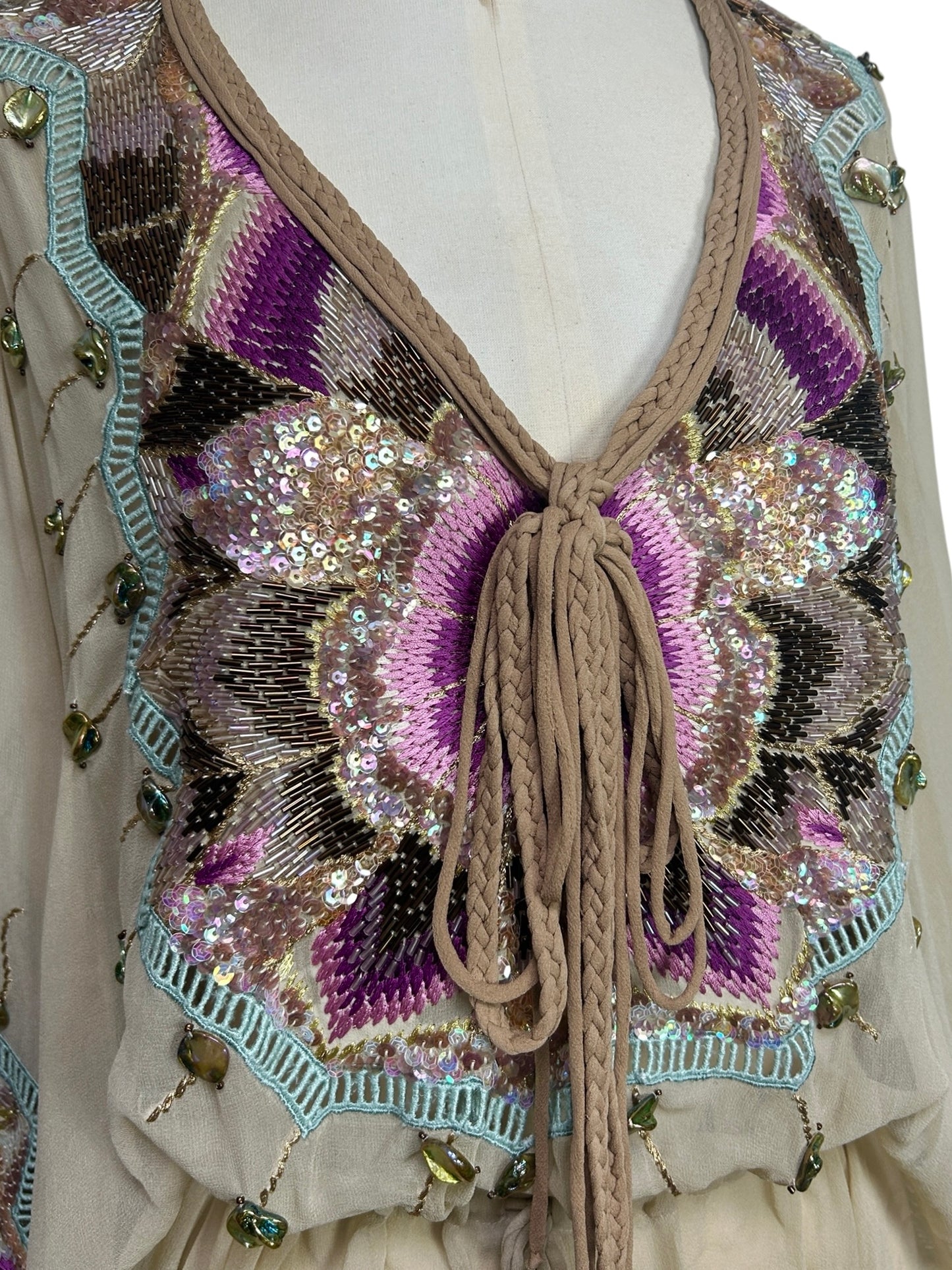 Deadstock Mandalay Silk Chiffon Beaded Butterfly Sleeve Tunic Top – Size 4