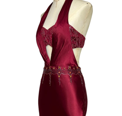 Deadstock Mandalay Burgundy Satin Cutout Halter Gown – Size 2