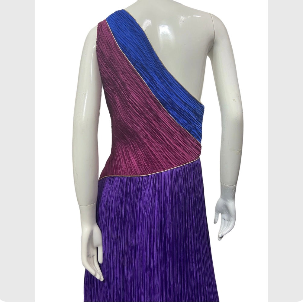 80’s Mary McFadden One Shoulder Colorblock Plisse Gown