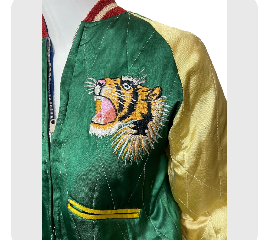 REVERSIBLE 50’s Satin Bomber Japan Souvenir Jacket with Tiger, Eagle and Map Embroidery