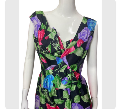 60’s Helga for I. Magnin Vivid Floral Print Cocktail Dress with Stylized Bow Detail 27” Waist