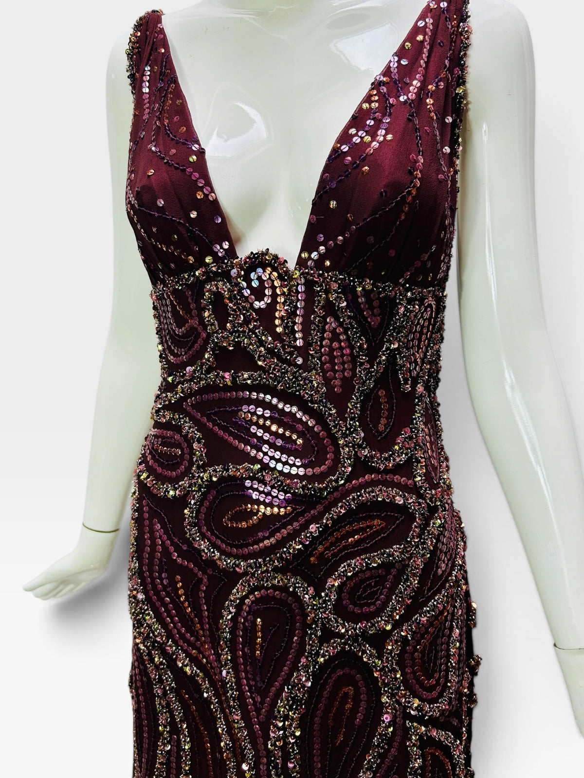 Burgundy silk embroidered Mandalay gown size 6