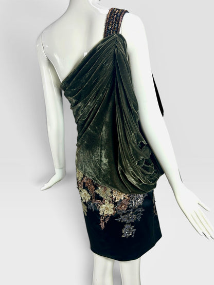 Crushed velvet olive and black one shoulder, Mandalay dress size 8