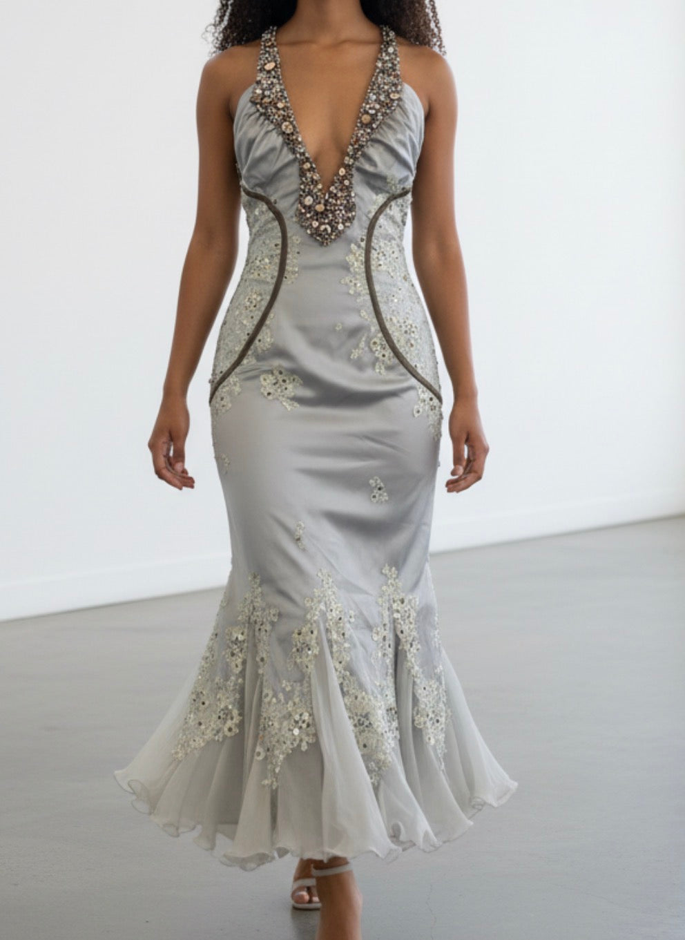 Deadstock Mandalay Embellished Silver Satin Mermaid Gown – Size 8