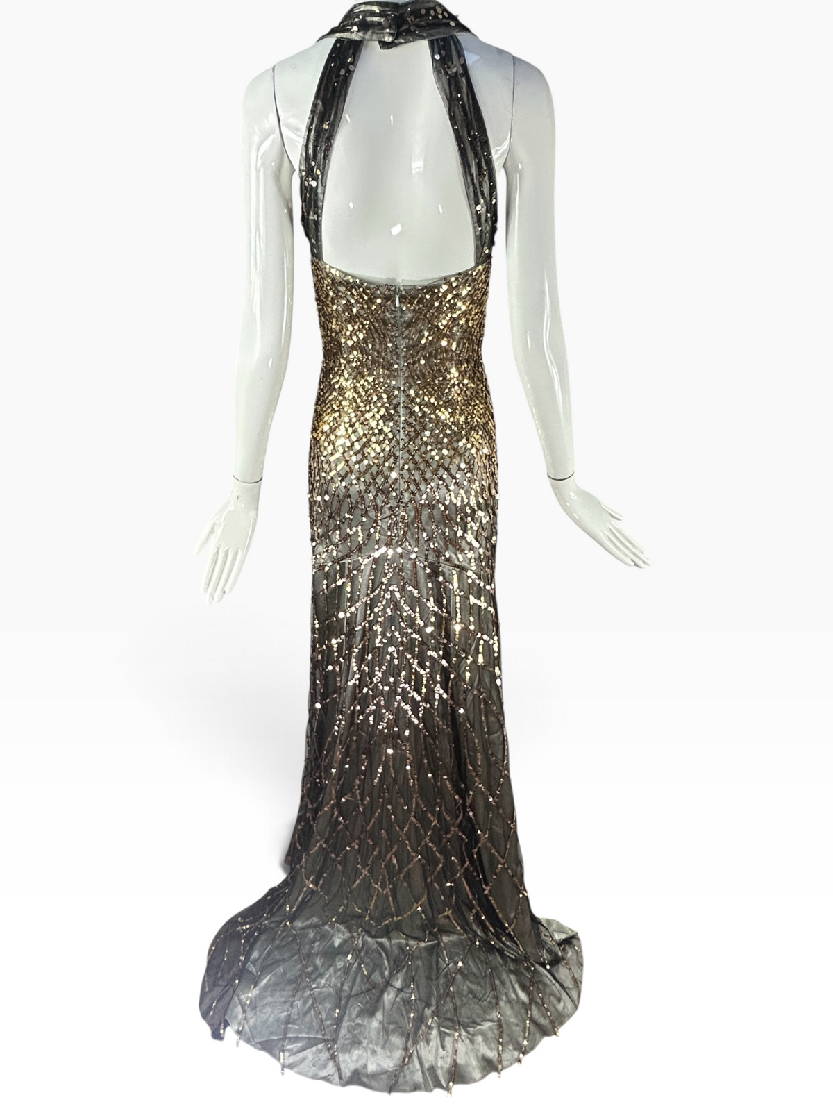 Deadstock Mandalay Gold Sequin & Black Mesh Halter Gown – Size 6