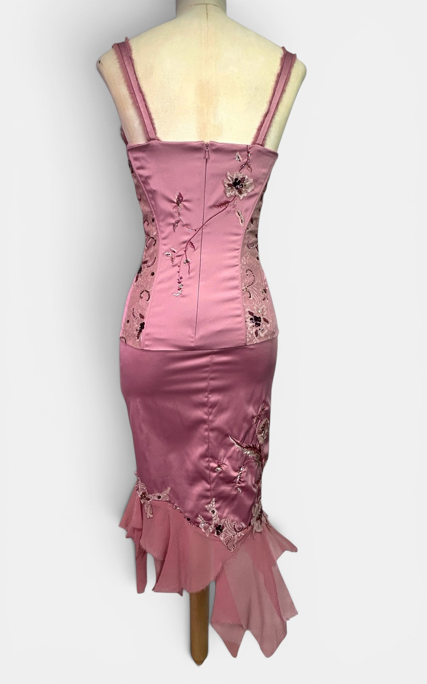 Mandalay Deadstock Dusty Rose Embellished Two-Piece Satin & Silk Chiffon Set | Top Size 8 / Skirt Size 6