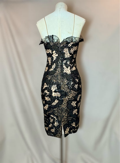 Y2K Deadstock Mandalay Dress – Blush Satin with Black Lace, Size 6