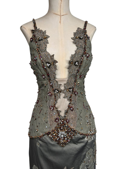 Deadstock Mandalay Sage Green Beaded Lace Silky Satin Dress — Size 8