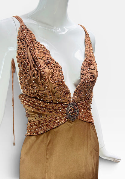 Cognac satin stretch Mandalay dress size 6