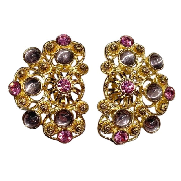 80’s Barrera for Avon Goldtone Necklace & Earrings Set with Lavender and Pink Glass Gems
