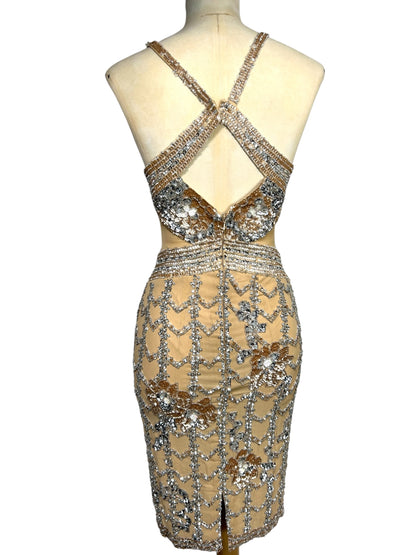 Champagne Deadstock Mandalay Silk Chiffon Beaded Dress – Size 2