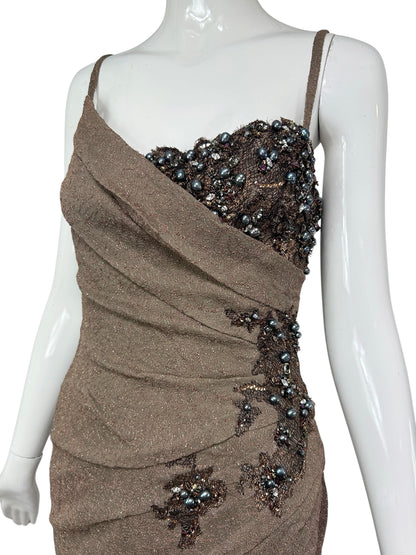 Mandalay Cocoa Embroidered Wrap Dress – Deadstock Beaded Cocktail Dress | Size 6