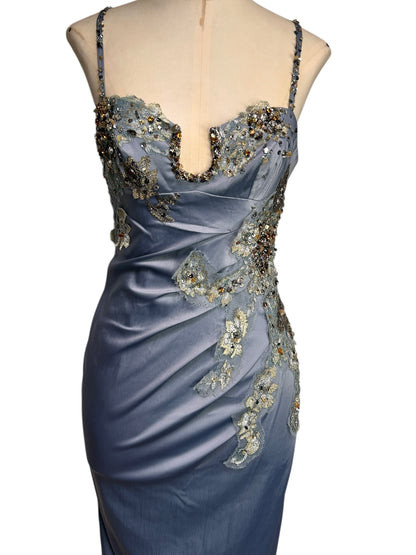 Deadstock Mandalay French Blue Wrap Stretch Satin Beaded Embroidered Dress — Size 6