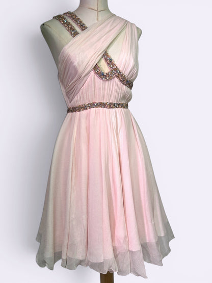 Mandalay Deadstock Silk Chiffon Ballet Pink Beaded Grecian Cocktail Dress Size 4