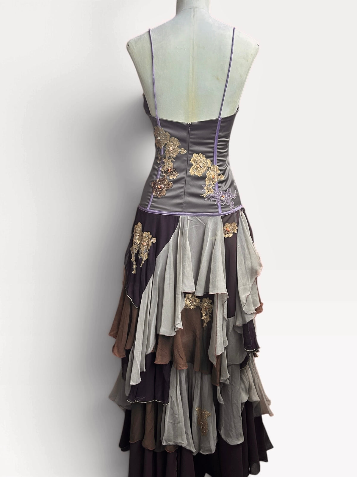Mandalay Long Layered Silk Gown with Lace and Beaded Details Brown and Lavender size 12