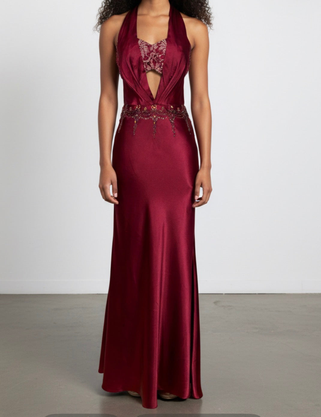 Deadstock Mandalay Burgundy Satin Cutout Halter Gown – Size 2
