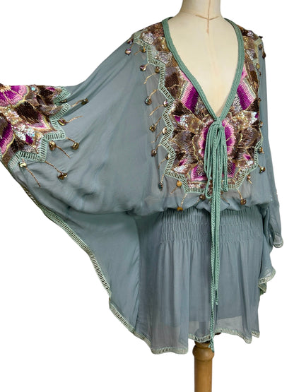 Robin Egg Blue Silk Chiffon Beaded  Mandalay deadstock Tunic size 6