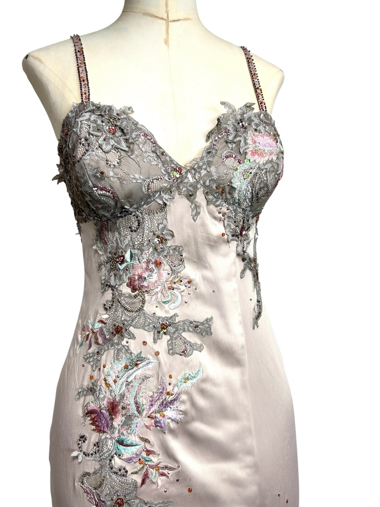 Deadstock Mandalay Silver Lilac Embroidered Satin Stretch Slip Dress – Size 8