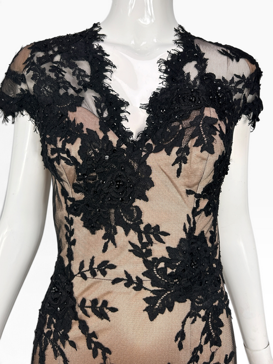 Vintage Mandalay Dress – Black Floral Lace Illusion Cocktail Dress, Size 4