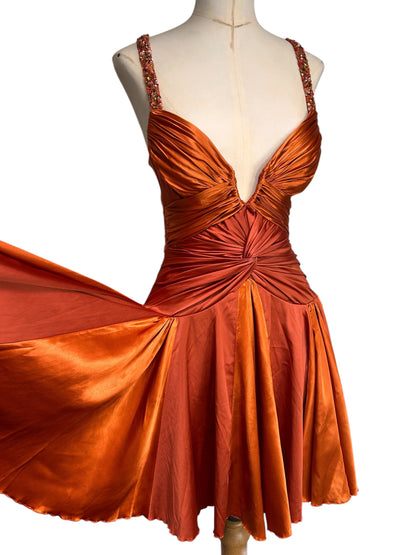 Deadstock Mandalay Burnt Copper Silk Satin Beaded Strap Dress — Size 6