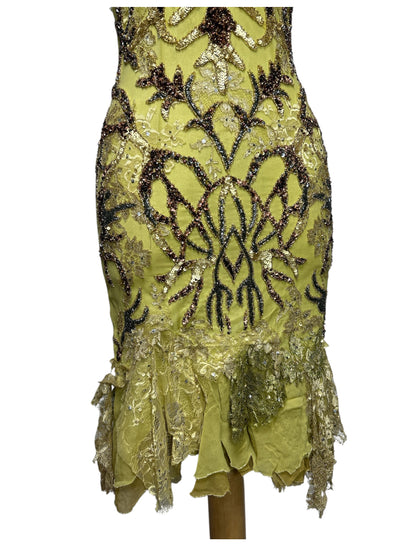 Deadstock Mandalay Heavily Beaded Chartreuse Silk Dress — Size 6. —-AS-IS——