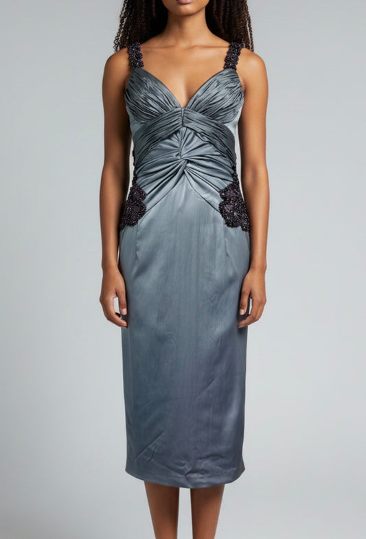 Mandalay Silver Blue Ruched Satin Cocktail Dress – Deadstock Y2K Beaded Wiggle Dress | Size 10