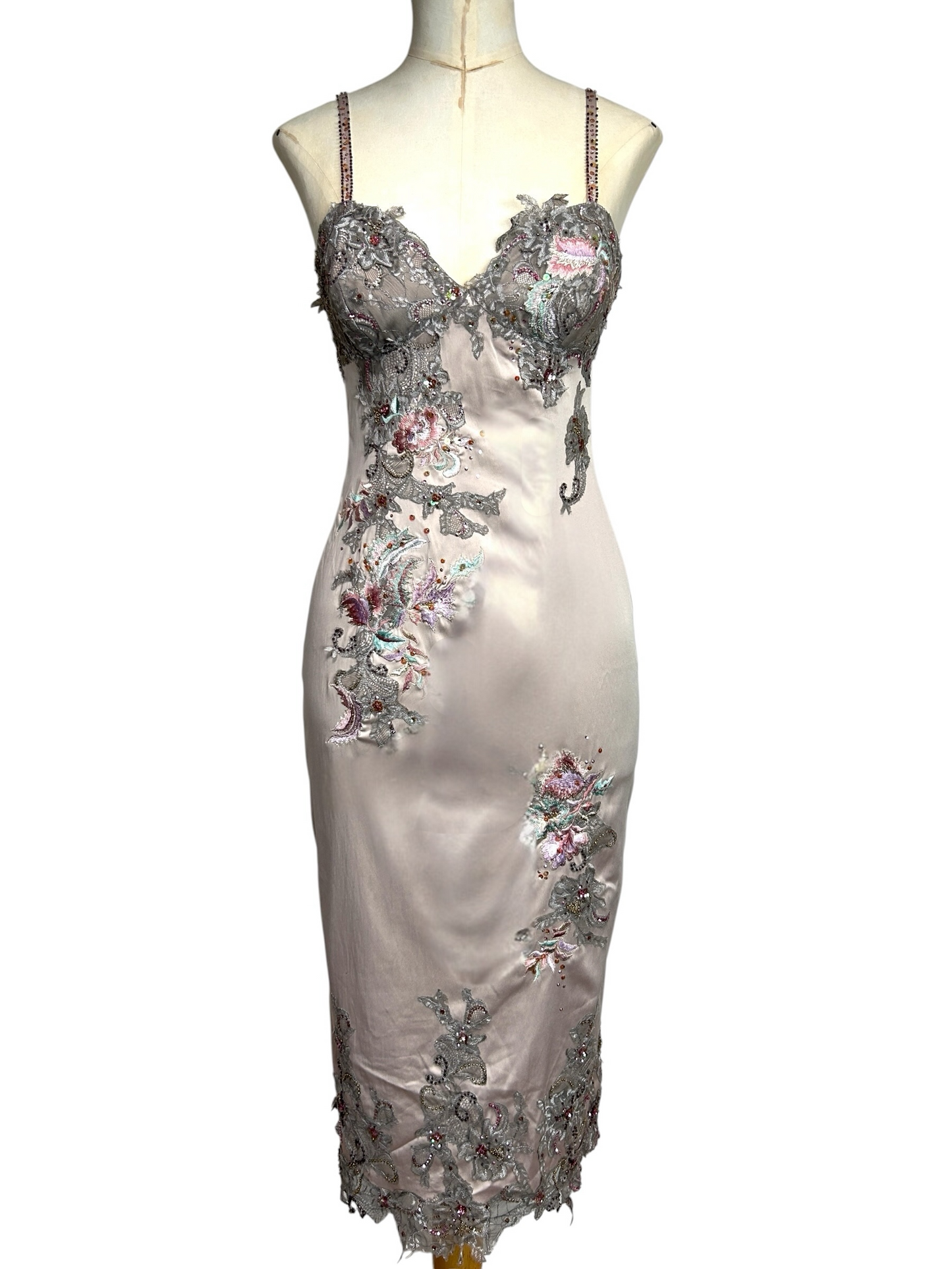 Deadstock Mandalay Silver Lilac Embroidered Satin Stretch Slip Dress – Size 8