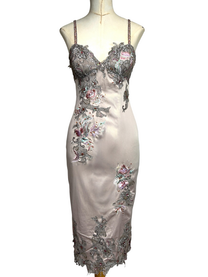 Deadstock Mandalay Silver Lilac Embroidered Satin Stretch Slip Dress – Size 8
