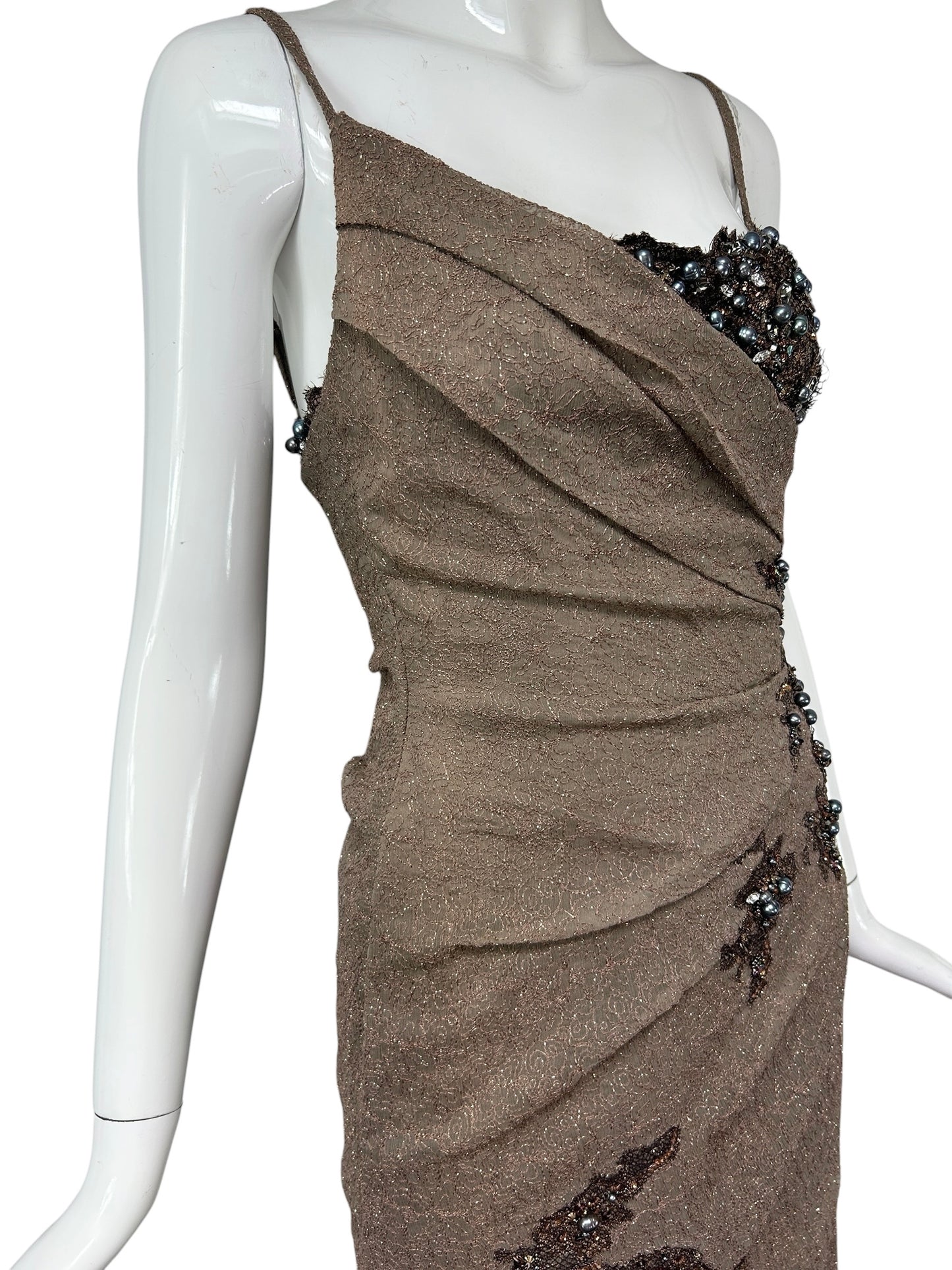 Mandalay Cocoa Embroidered Wrap Dress – Deadstock Beaded Cocktail Dress | Size 6