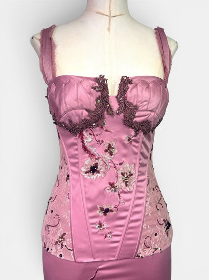 Mandalay Deadstock Dusty Rose Embellished Two-Piece Satin & Silk Chiffon Set | Top Size 8 / Skirt Size 6