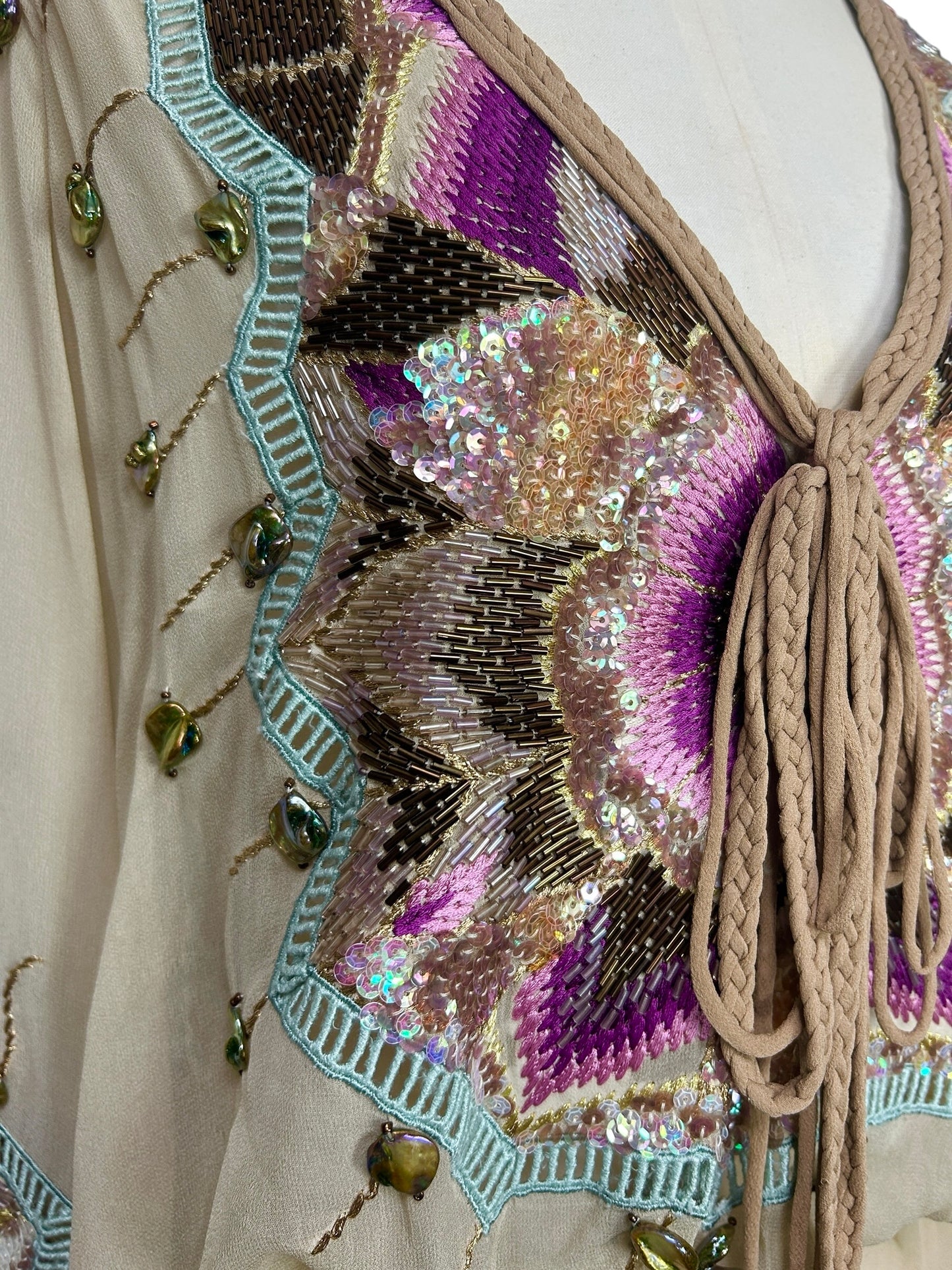 Deadstock Mandalay Silk Chiffon Beaded Butterfly Sleeve Tunic Top – Size 4