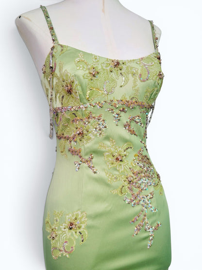 Mandalay Deadstock Beaded Satin Wiggle Dress | Pistachio Green Silk Chiffon Ruffle Hem | Size 6