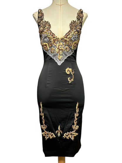 Deadstock Mandalay Beaded Brocade Dress — Black & Gold | Size 6
