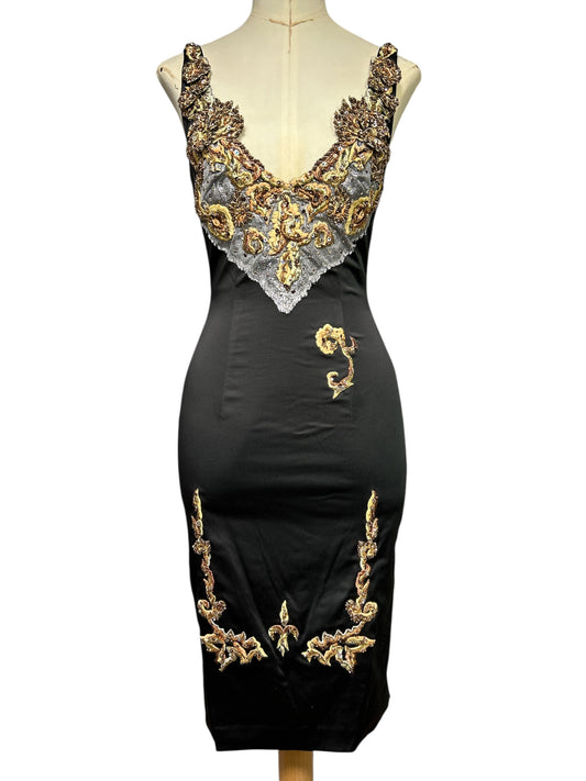 Deadstock Mandalay Beaded Brocade Dress — Black & Gold | Size 6