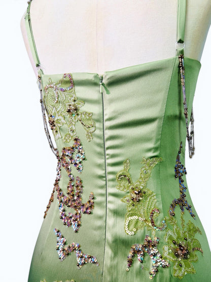 Mandalay Deadstock Beaded Satin Wiggle Dress | Pistachio Green Silk Chiffon Ruffle Hem | Size 6