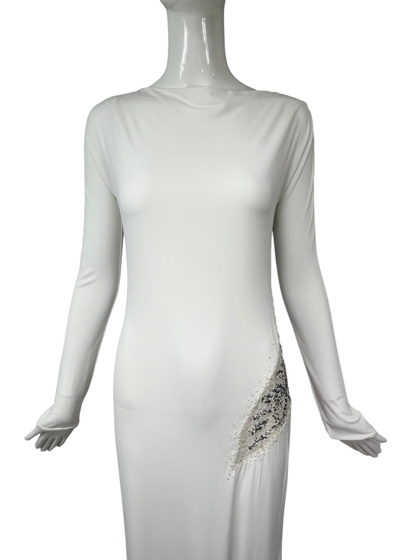 Mandalay Deadstock White Backless Stretch Jersey Gown | Y2K Maxi Dress | Wedding or Bridal Reception Dress size 10 and 8